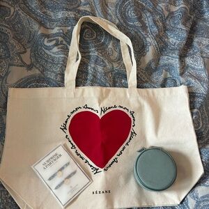 Sézane New Limited Edition Canvas Tote with Red Heart, bracelet and jewelry case